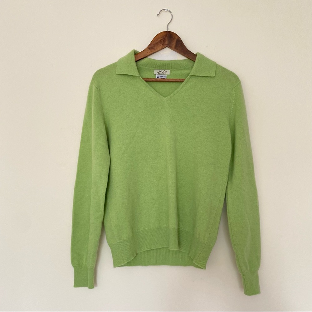 John Laing Y2K Preppy Lime Green Cashmere Collared Sweater